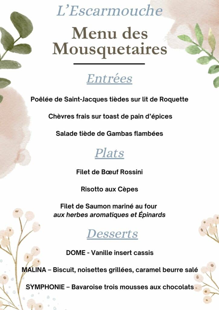 Menu des Mousquetaires - Restaurant groupe Paris L'Escarmouche
