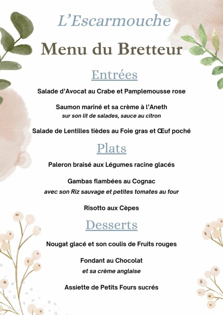 Menu Le Bretteur - restaurant groupe Paris L'Escarmouche